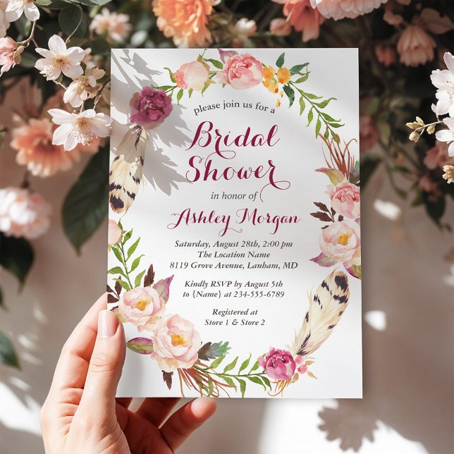 Bohemian Feather Boho Floral Wreath Bridal Shower Invitation (Creator Uploaded)