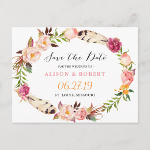 Bohemian Feather Boho Floral Wreath Save the Date Announcement Postcard