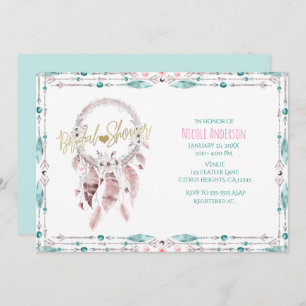 Bohemian Feather Dream Catcher Teal Bridal Shower Invitation