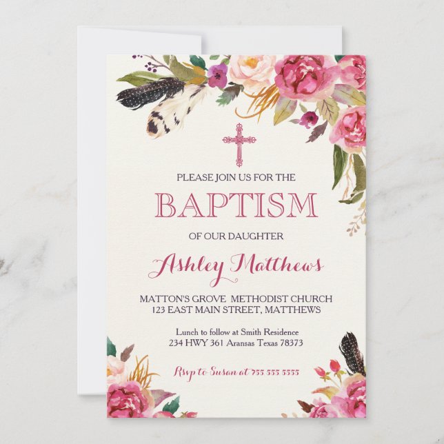 bohemian feather Floral BAPTISM Invitation (Front)
