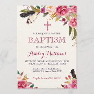 bohemian feather Floral BAPTISM Invitation