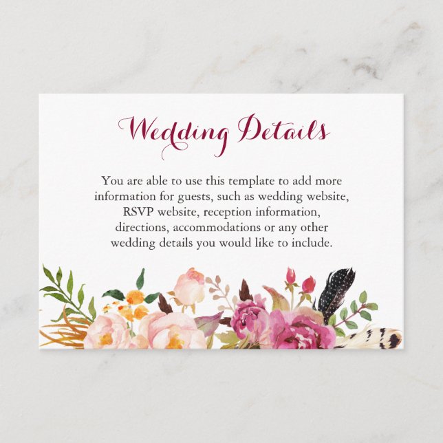 Bohemian Feather Floral Boho Wedding Details Info Enclosure Card (Front)