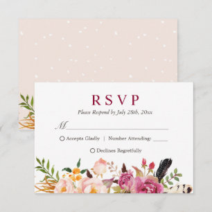 Bohemian Feather Rustic Floral Boho RSVP Card