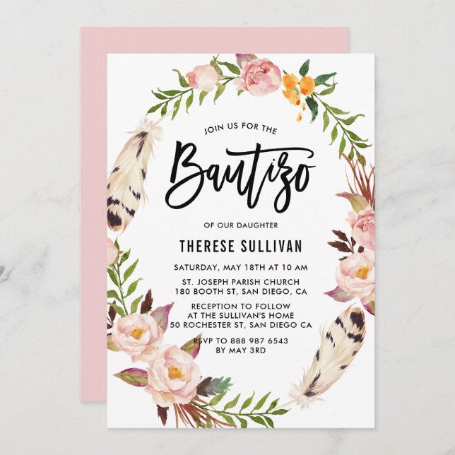 Bohemian Feathers and Blush Floral Wreath Bautizo Invitation (Front/Back)