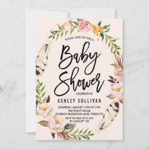 Bohemian Feathers and Floral Wreath Baby Shower Invitation