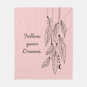 Bohemian Feathers Drawing "Rose Quartz" Background Fleece Blanket