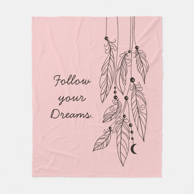 Bohemian Feathers Drawing "Rose Quartz" Background Fleece Blanket (Front)