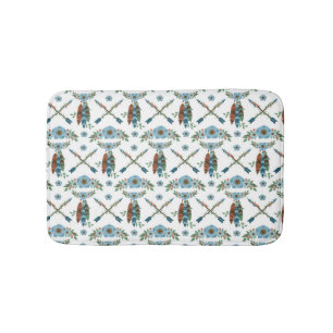 Bohemian Feathers Dreamcatcher Blue Flowers Arrows Bath Mat