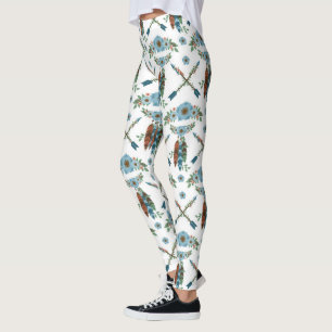 Bohemian Feathers Dreamcatcher Blue Flowers Arrows Leggings