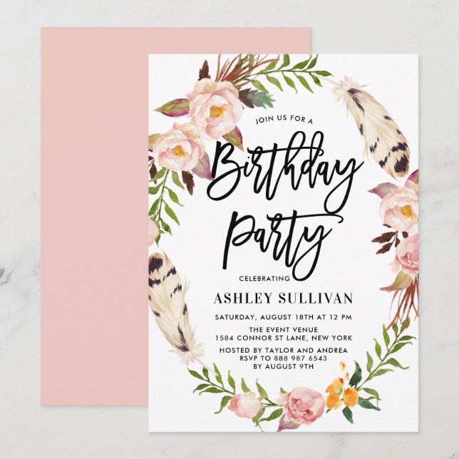 Bohemian Feathers & Floral Wreath Birthday Party Invitation (Front/Back)