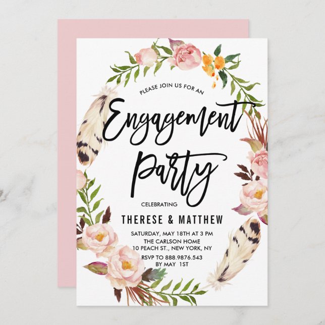 Bohemian Feathers & Floral Wreath Engagement Party Invitation (Front/Back)