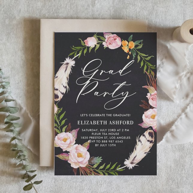 Bohemian Feathers & Floral Wreath Graduation Party Invitation (Customizable boho graduation invitation featuring watercolor flowers and feathers wreath.)
