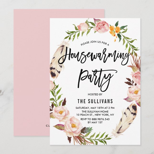 Bohemian Feathers Floral Wreath Housewarming Party Invitation (Front/Back)