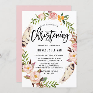 Bohemian Feathers & Floral Wreath Pink Christening Invitation