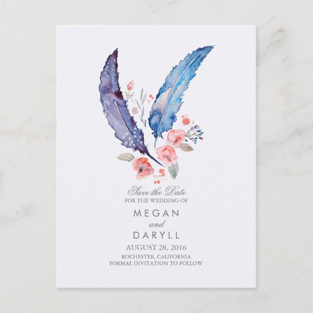 Bohemian Feathers Rustic Save the Date Announcement Postcard (Front)