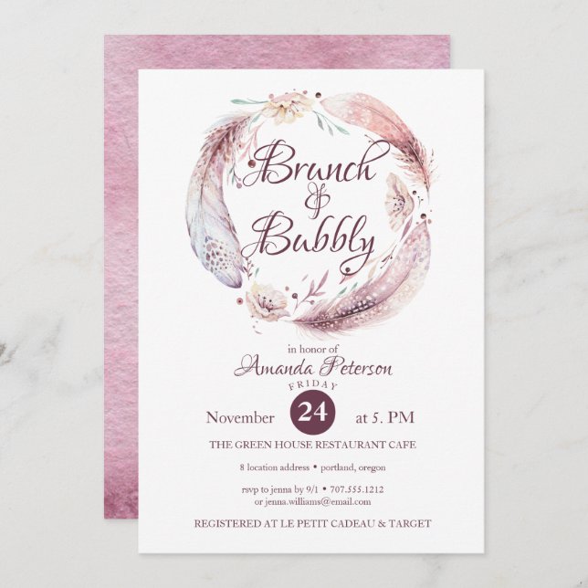 Bohemian Feathers Wreath Brunch  Bubbly Invitation (Front/Back)