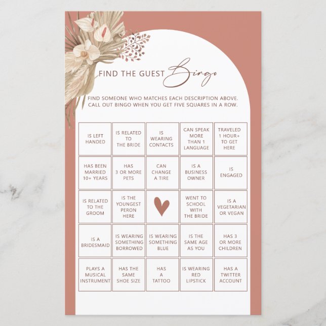 Bohemian find the guest bingo bridal shower game (Front)