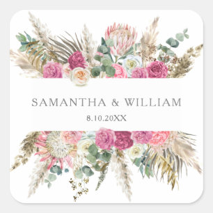 Bohemian Floral Blush Rose Watercolor Square Sticker