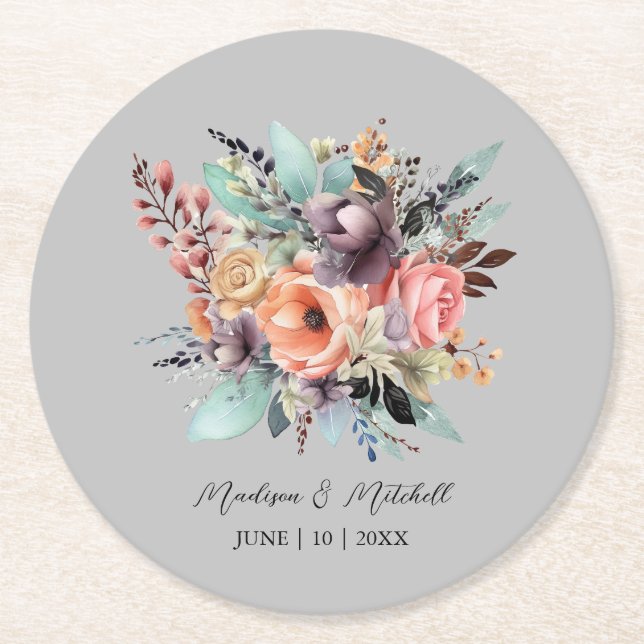 Bohemian Floral Bouquet Watercolor Round Paper Coaster (Front)