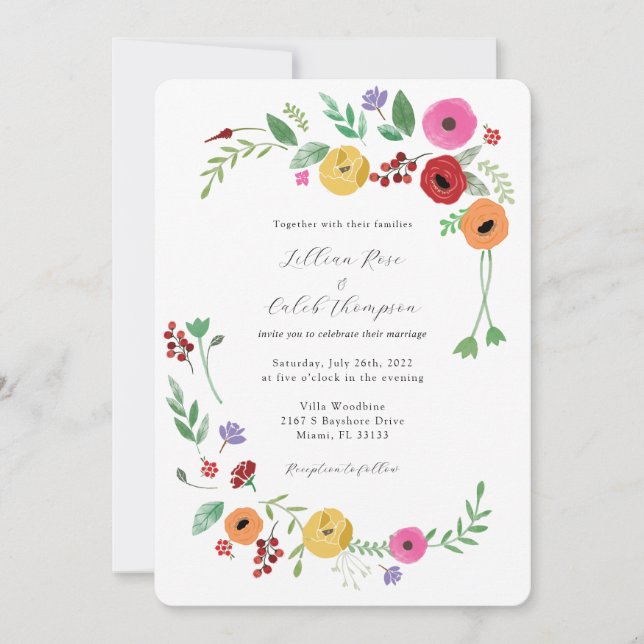 Bohemian Floral Bright Colour Wedding Invitation (Front)