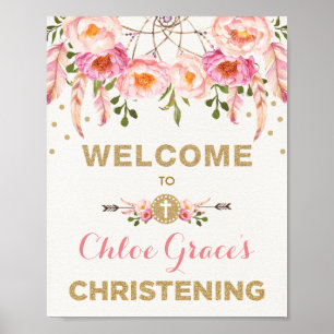 Bohemian Floral Christening Pink & Gold Welcome Poster