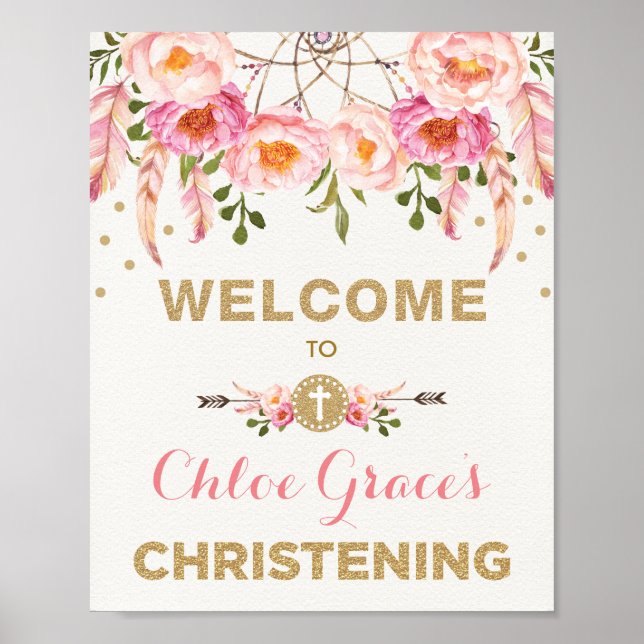 Bohemian Floral Christening Pink & Gold Welcome Poster (Front)