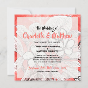 Bohemian Floral Coral Pink Watercolor Wedding Invitation
