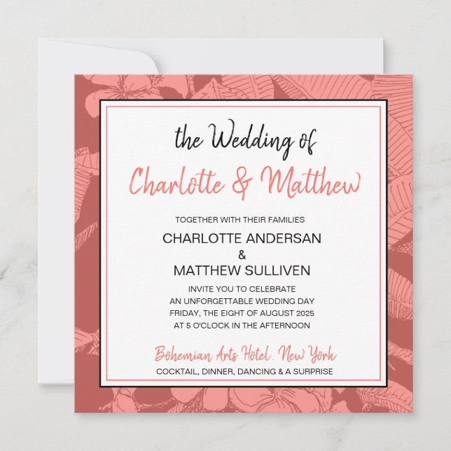 Bohemian Floral Coral Watermark Modern Wedding Invitation (Front)