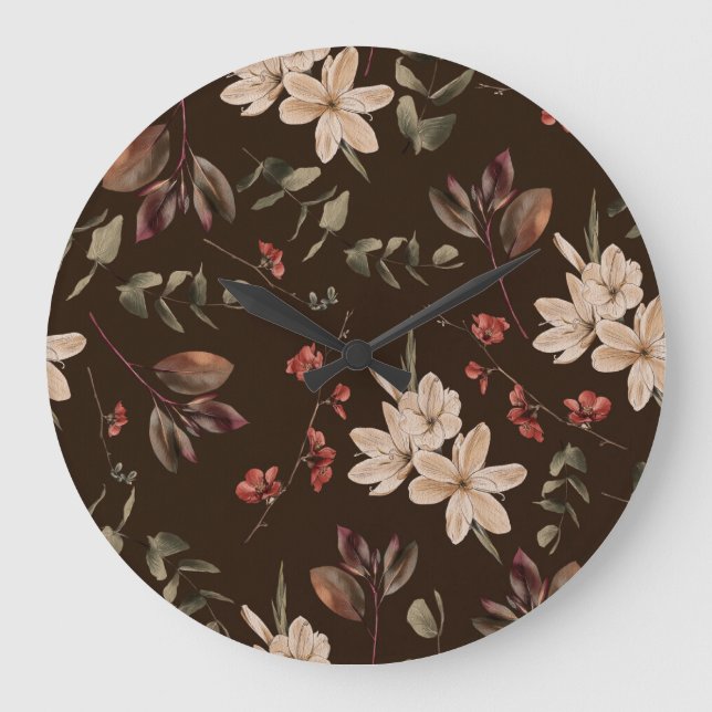 Bohemian Floral Dark: Watercolor Seamless Pattern Large Clock (Front)