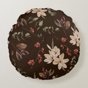 Bohemian Floral Dark: Watercolor Seamless Pattern Round Cushion