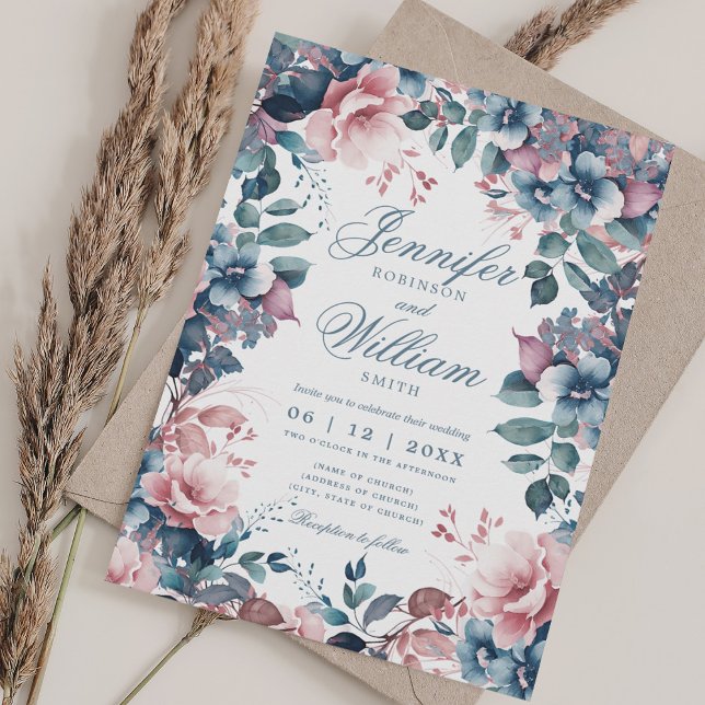 Bohemian Floral Dusty Blue Wedding w/ QR RSVP Invitation (Bohemian Floral Dusty Blue Wedding w/ QR RSVP Invitation)