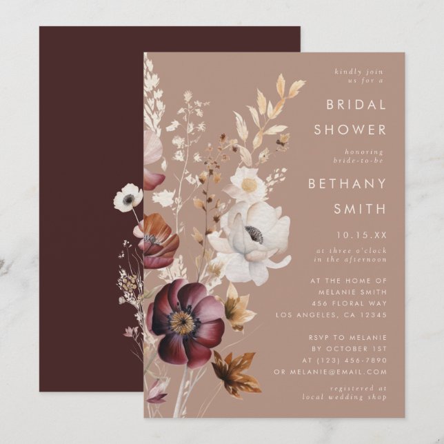 Bohemian Floral Fall Taupe Bridal Shower Invitation (Front/Back)