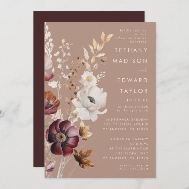 Bohemian Floral Fall Taupe Rehearsal Dinner Invitation (Front/Back)