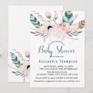 Bohemian Floral & Feathers Baby Shower Invitation