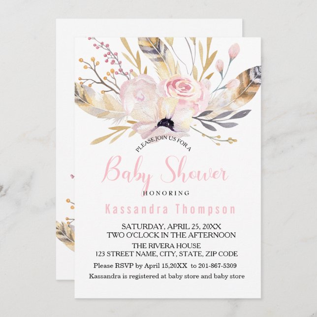 Bohemian Floral & Feathers Baby Shower Invitation (Front/Back)