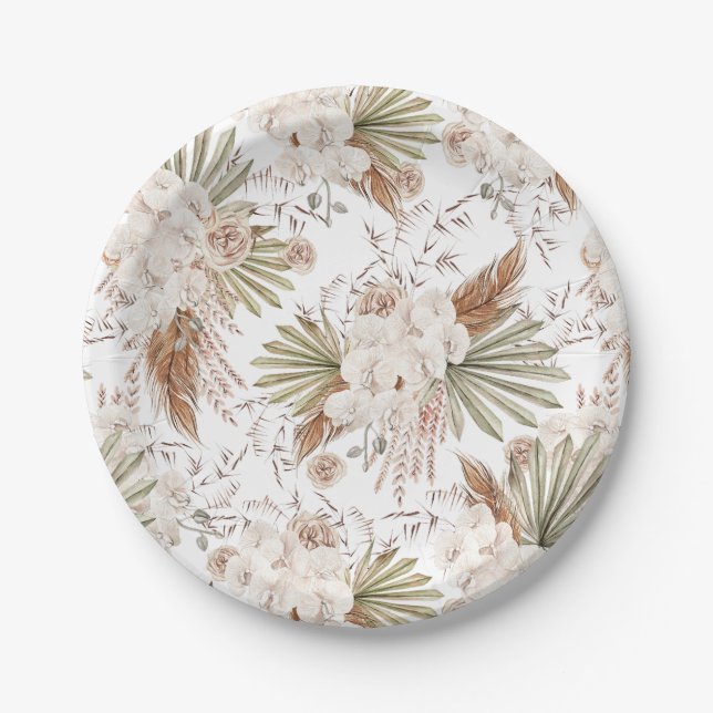 Bohemian Floral & Feathers Paper Plate (Front)