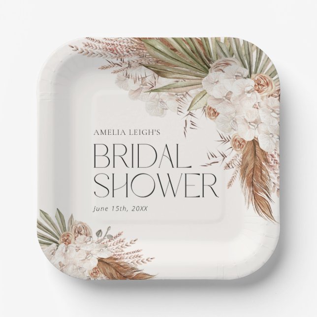 Bohemian Floral & Feathers Shower Paper Plate (Front)