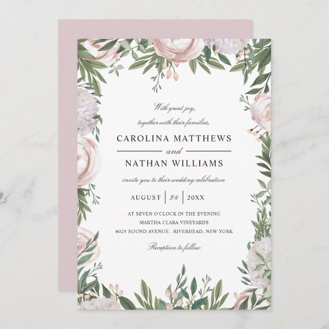 Bohemian Floral Frame Elegant Light Mauve Wedding Invitation (Front/Back)