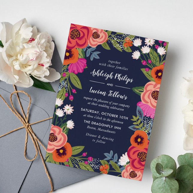 Bohemian Floral Frame - Navy Blue Wedding Invitation (Creator Uploaded)