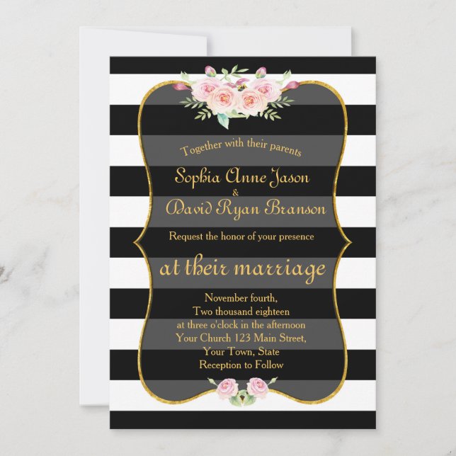 Bohemian Floral Gold Black White Stripes Wedding Invitation (Front)