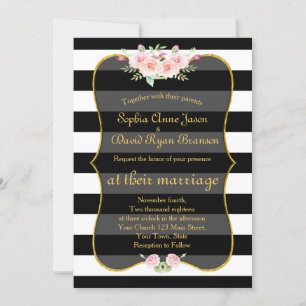Bohemian Floral Gold Black White Stripes Wedding Invitation