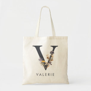 Bohemian Floral Initial V Tote Bag