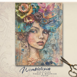 Bohemian Floral Muse Portrait, Decoupage Collage Tissue Paper