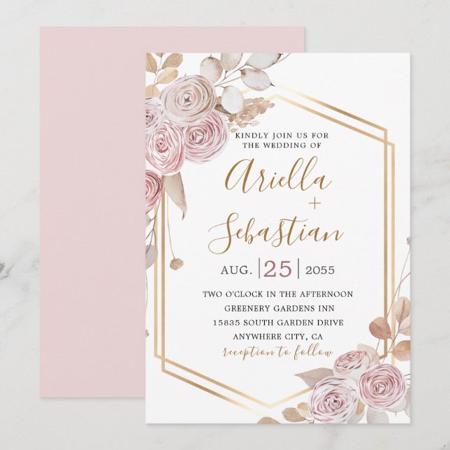 Bohemian Floral, Pink Roses Gold  Invitation (Front/Back)