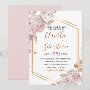 Bohemian Floral, Pink Roses Gold  Invitation