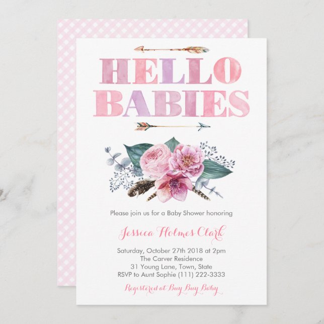 Bohemian Floral Pink Twin Baby Girls Shower Invitation (Front/Back)