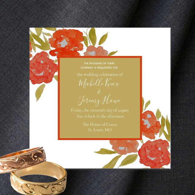 Bohemian Floral Red Orange Gold Wedding Invitation (Creator Uploaded)