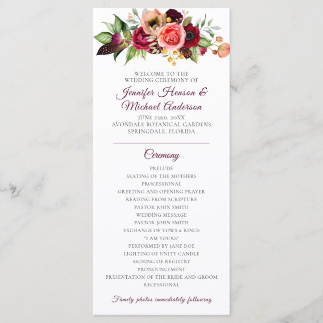 Bohemian Floral Romance Wedding Program (Front)