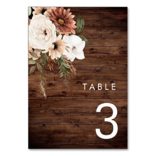Bohemian Floral Rustic Wood Wedding Table Number