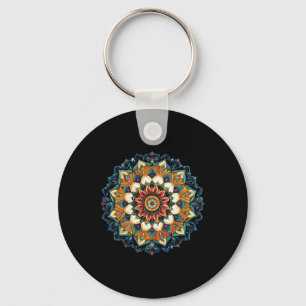 Bohemian Floral Sunburst Mandala For Meditation Key Ring